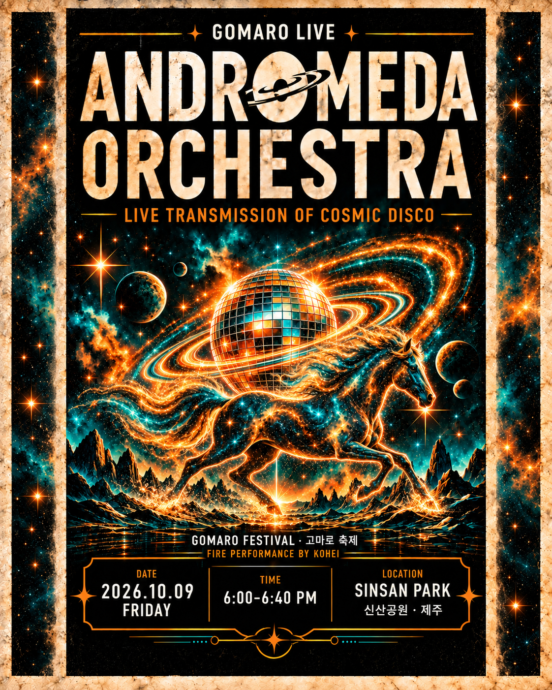 Gomaro Live poster for Andromeda Orchestra at Gomaro Festival: Friday October 9, 2026, 6 to 6:40 PM at Sinsan Park, Jeju. Fire performance by Kohei.